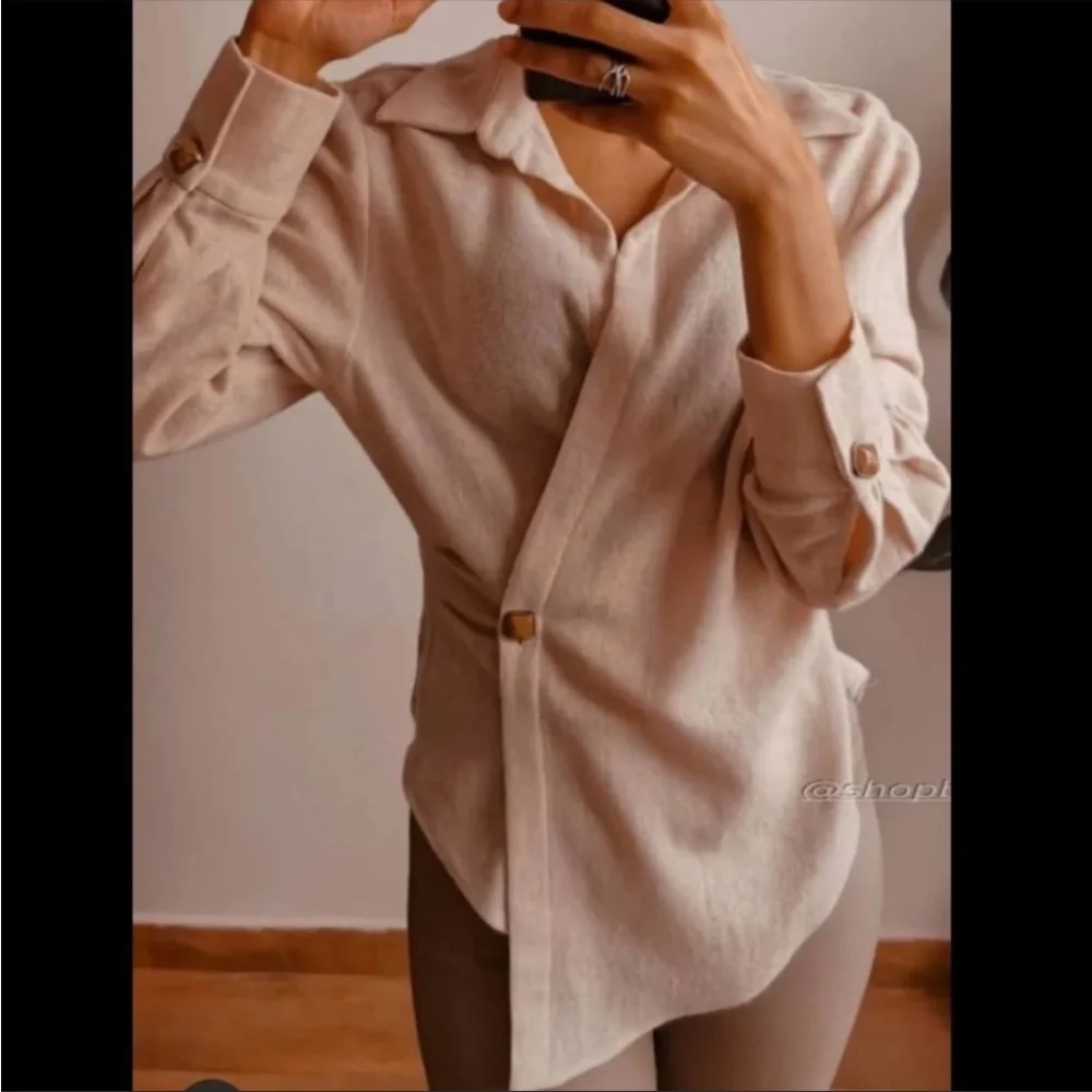 Zara Wool Blend Wrap Long Sleeve Side button Top Size S - Picture 4 of 15